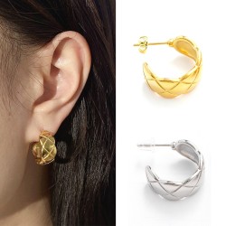 跨境欧美半圆菱格纹理耳环钛钢真空电镀月网格横条牙耳饰不锈钢