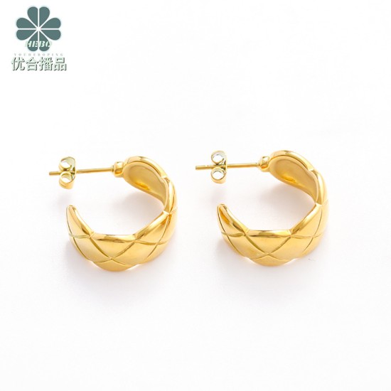 跨境欧美半圆菱格纹理耳环钛钢真空电镀月网格横条牙耳饰不锈钢