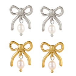 Bow natural pearl stainless steel earrings