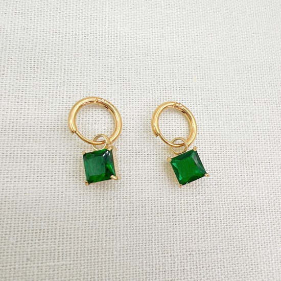 Square green zircon stainless steel earrings