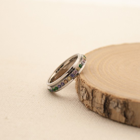 Colored zircon ring made of stainless steel