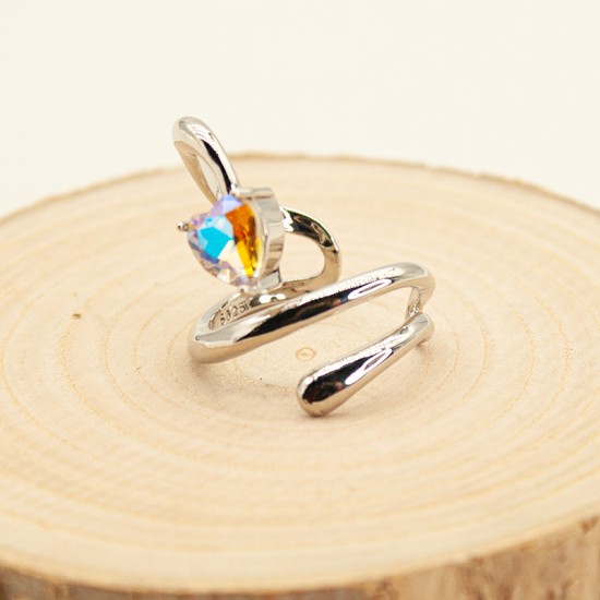 Serpentine shaped heart-shaped colored diamond stainless steel ring