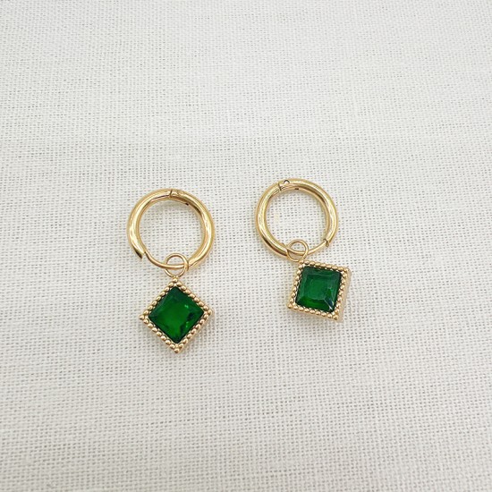 Square green zircon stainless steel earrings