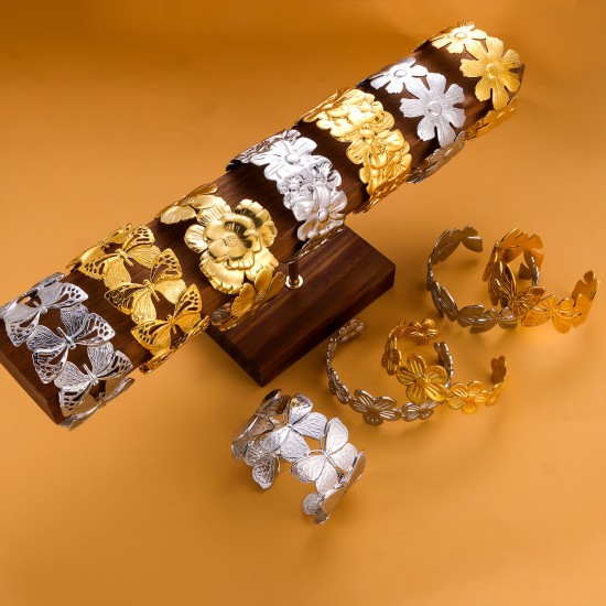 Wide flower bracelet made of stainless steel