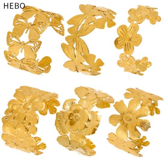 Wide flower bracelet made of stainless steel