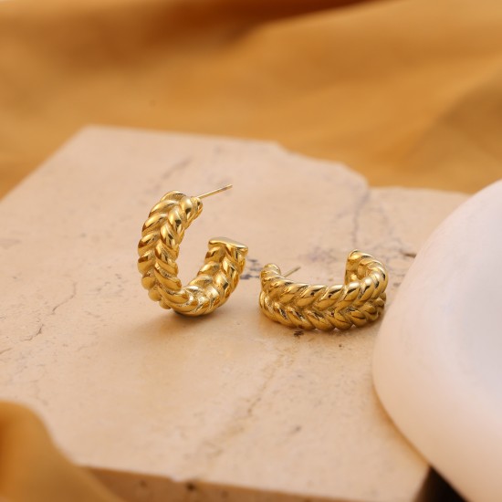 跨境绳子纹C型耳钉钛钢铸造真空电镀高级感耳饰ins打结复古饰品