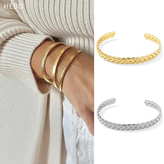 Wheat ear woven stainless steel open bracelet