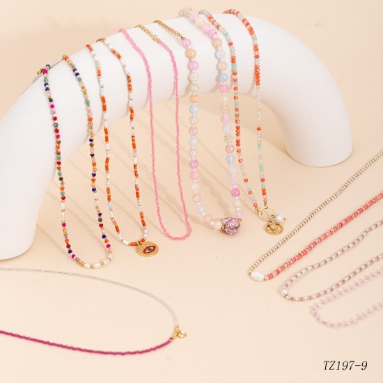 Beaded natural stone stainless steel necklace