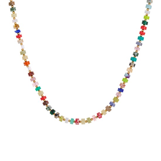 Multi colored rice bead bead bead stainless steel necklace