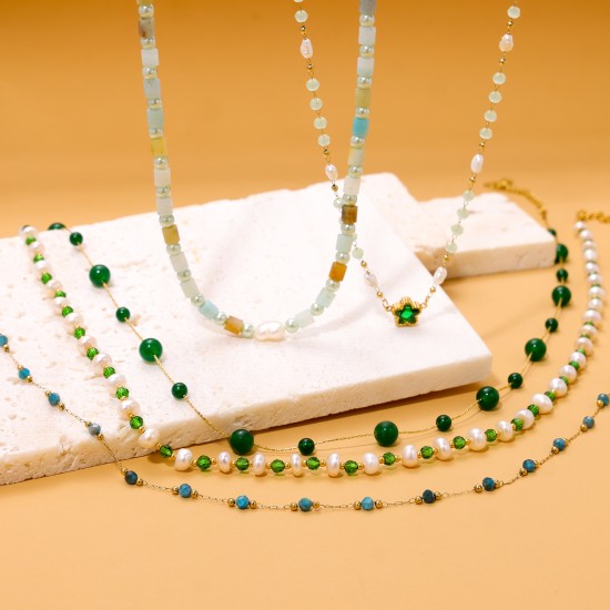 Natural stone bead chain stainless steel necklace