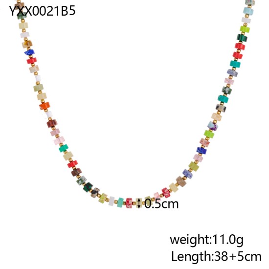 Multi colored rice bead bead bead stainless steel necklace