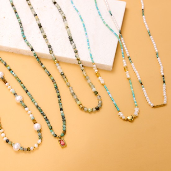 Natural stone bead stainless steel necklace