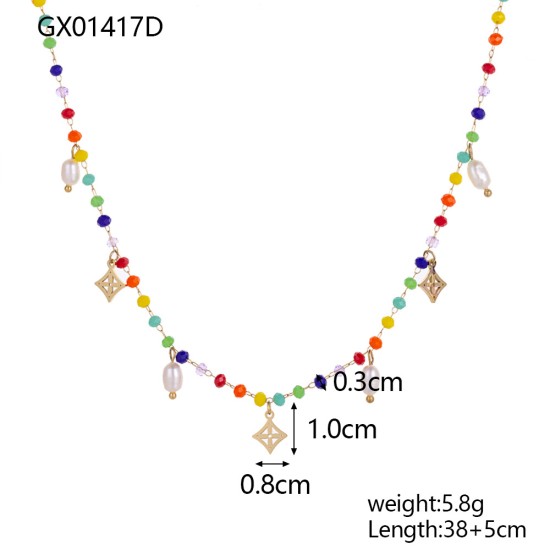 Multi colored rice bead bead bead stainless steel necklace