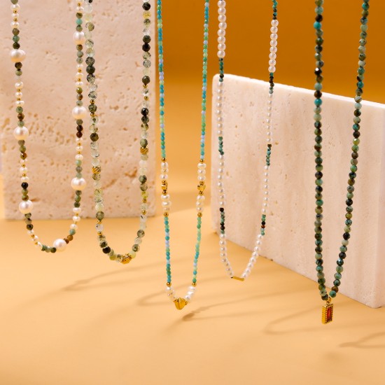 Natural stone bead stainless steel necklace