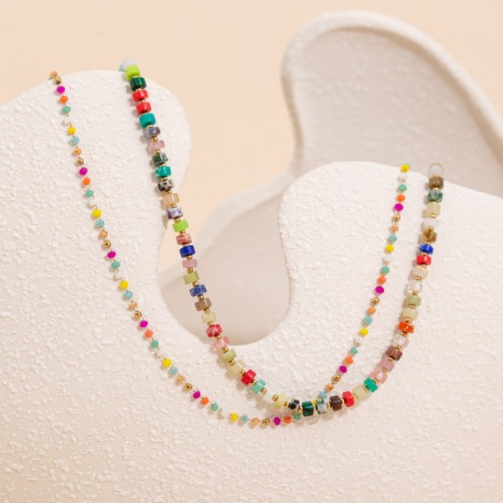 Multi colored rice bead bead bead stainless steel necklace