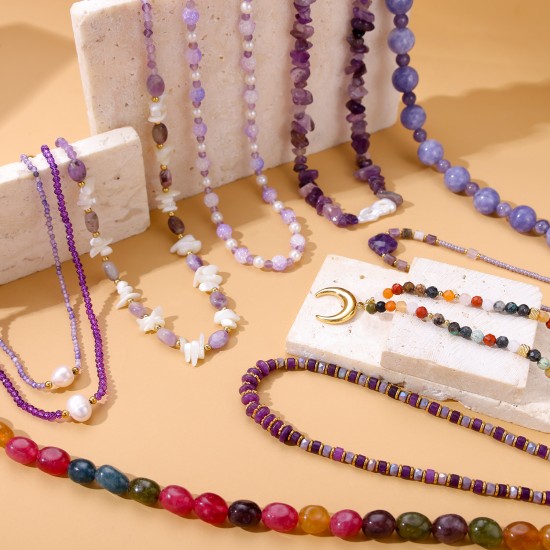 Natural stone bead stainless steel necklace