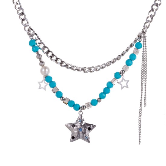 Blue natural stone stainless steel necklace