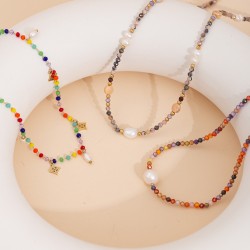Multi colored rice bead bead bead stainless steel necklace
