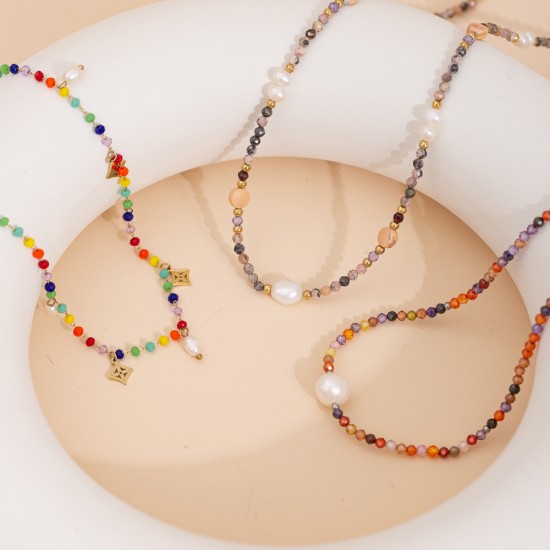 Multi colored rice bead bead bead stainless steel necklace