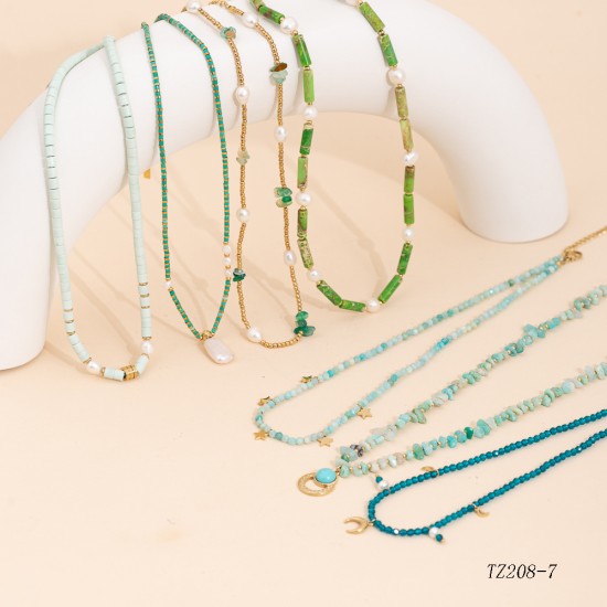 Pine green bead stainless steel necklace