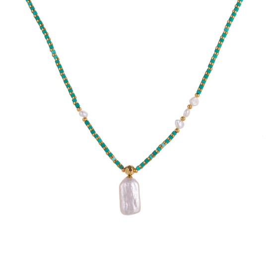 Pine green bead stainless steel necklace