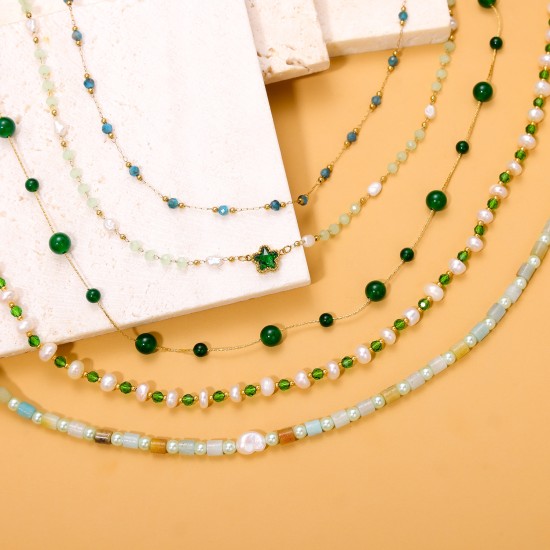 Natural stone bead chain stainless steel necklace