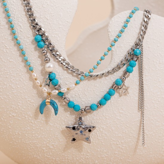 Blue natural stone stainless steel necklace