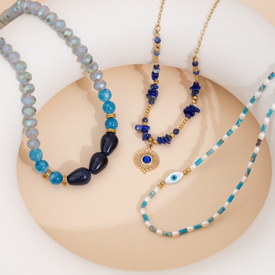 Blue natural stone stainless steel necklace