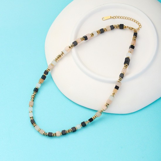 Natural stone pendant stainless steel necklace