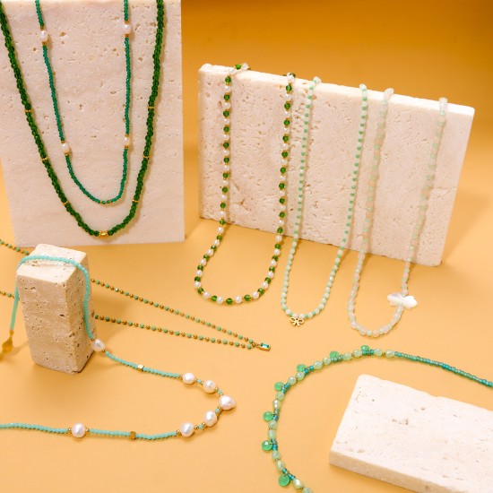 Natural stone bead pearl stainless steel necklace