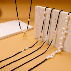 Black rope natural stone stainless steel necklace