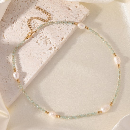 Colorful natural stone pearl stainless steel necklace