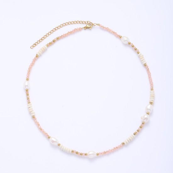 Colorful natural stone pearl stainless steel necklace
