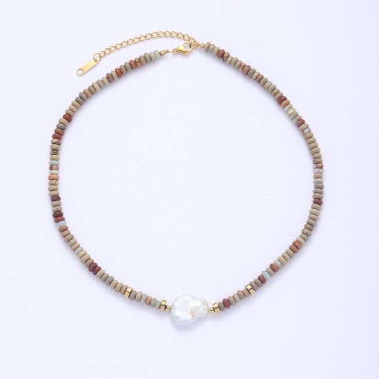 Colorful natural stone pearl stainless steel necklace