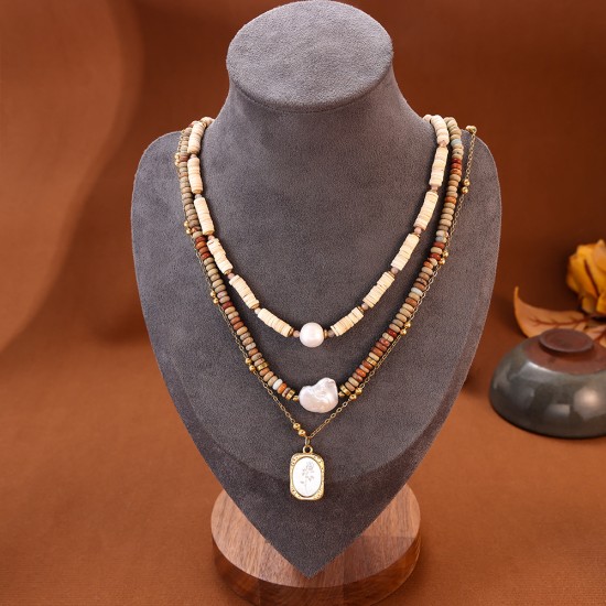 Natural stone pendant stainless steel necklace