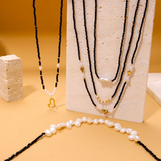 Black rope natural stone stainless steel necklace