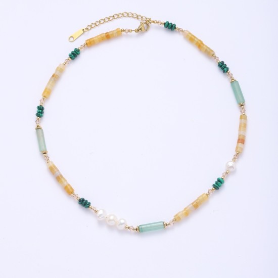 Colorful natural stone pearl stainless steel necklace