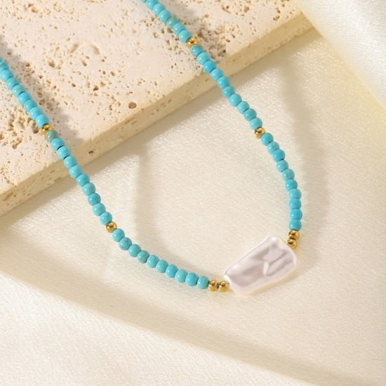 Colorful natural stone pearl stainless steel necklace