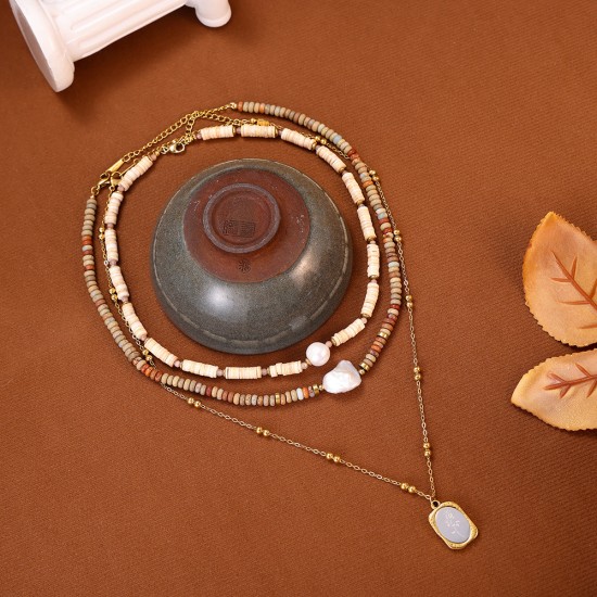 Natural stone pendant stainless steel necklace