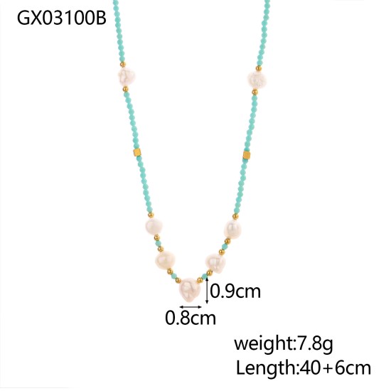 Natural stone bead pearl stainless steel necklace