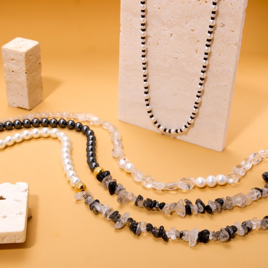 Beaded natural stone stainless steel necklace