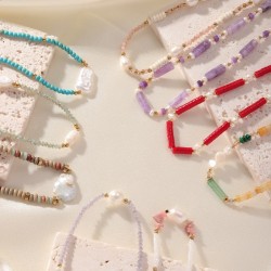 Colorful natural stone pearl stainless steel necklace