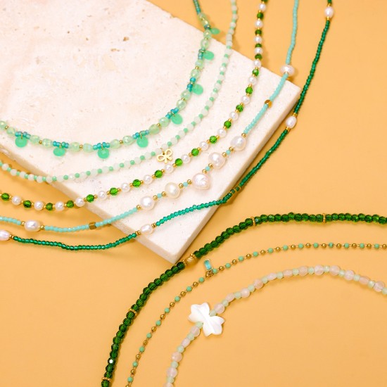 Natural stone bead pearl stainless steel necklace